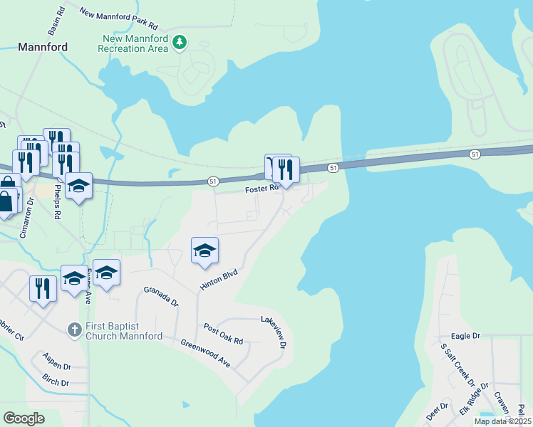 map of restaurants, bars, coffee shops, grocery stores, and more near 525 Foster Road in Mannford