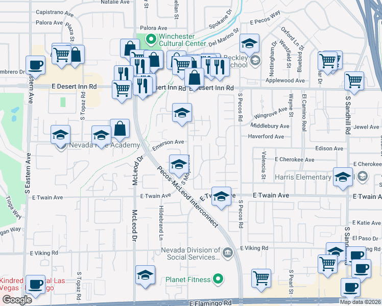map of restaurants, bars, coffee shops, grocery stores, and more near 3543 Haverhill Street in Las Vegas