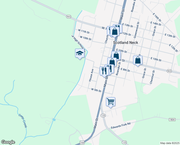 map of restaurants, bars, coffee shops, grocery stores, and more near 710 House Avenue in Scotland Neck