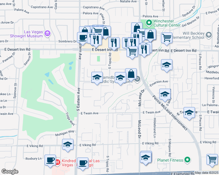 map of restaurants, bars, coffee shops, grocery stores, and more near 2595 Aviv Court in Las Vegas