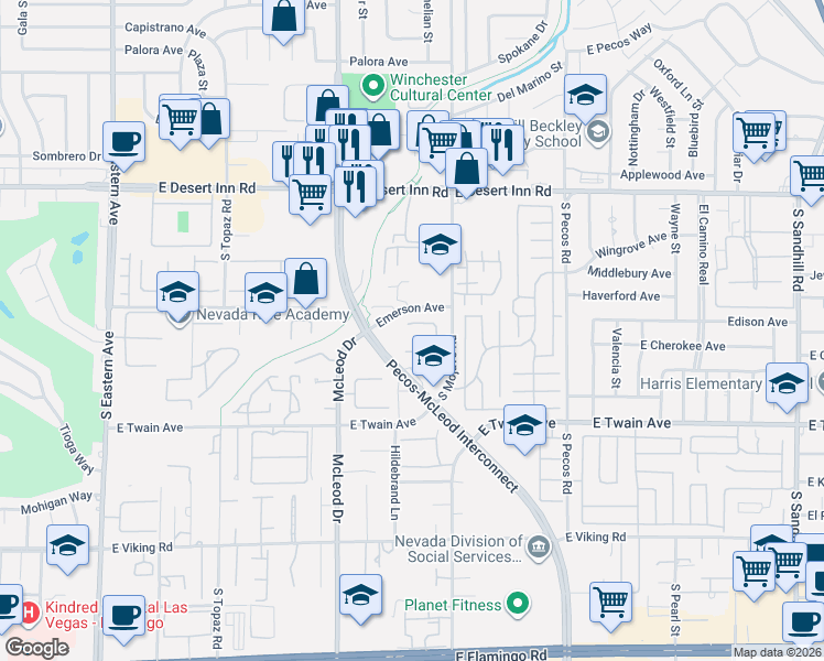 map of restaurants, bars, coffee shops, grocery stores, and more near 3133 Pradera Circle in Las Vegas