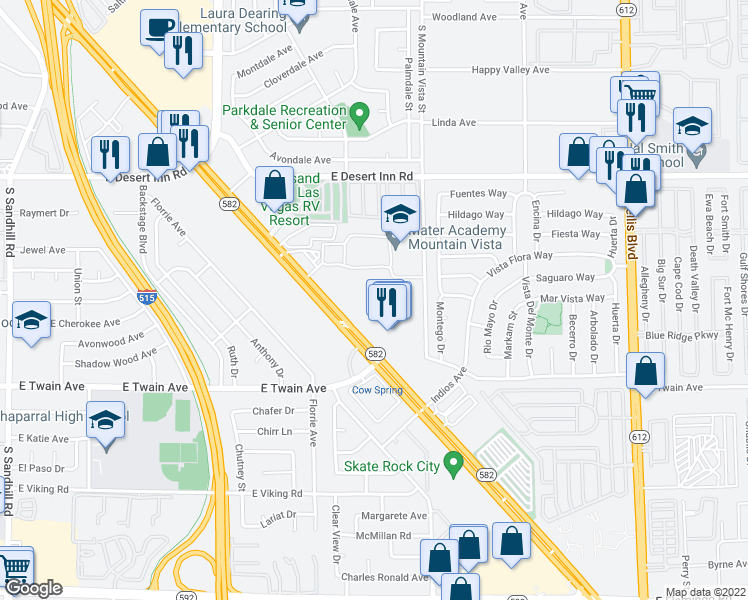 map of restaurants, bars, coffee shops, grocery stores, and more near 4445 Boulder Hwy in Las Vegas