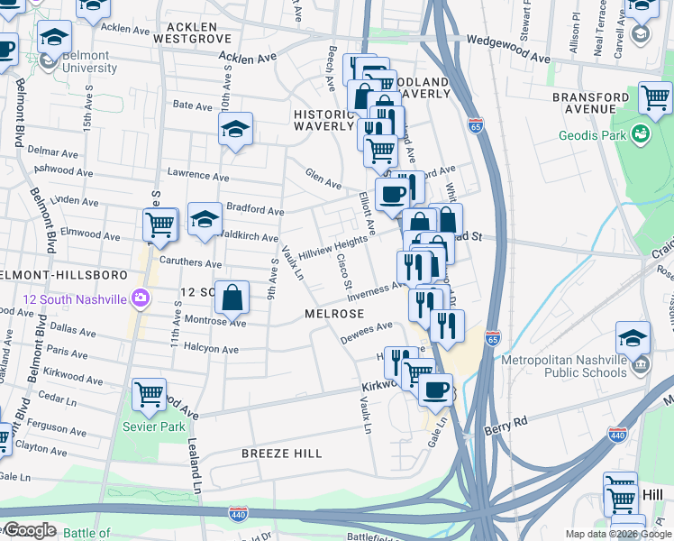 map of restaurants, bars, coffee shops, grocery stores, and more near 827A Hillview Heights in Nashville