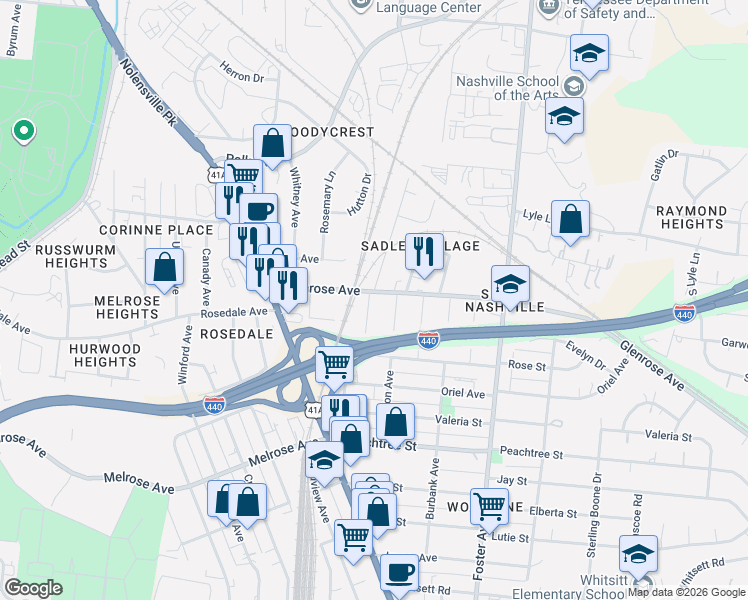 map of restaurants, bars, coffee shops, grocery stores, and more near 2155 Sadler Avenue in Nashville