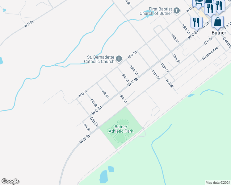 map of restaurants, bars, coffee shops, grocery stores, and more near 301 8th Street in Butner
