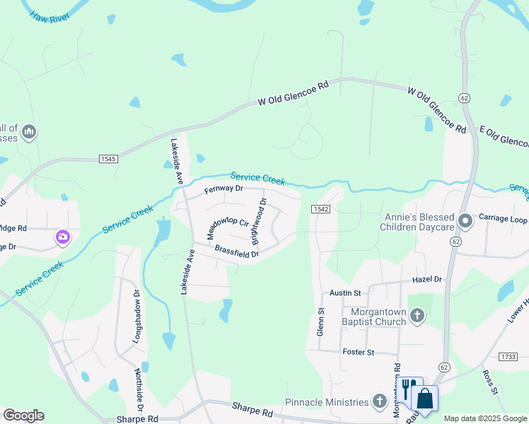 map of restaurants, bars, coffee shops, grocery stores, and more near 1325 Brightwood Drive in Burlington