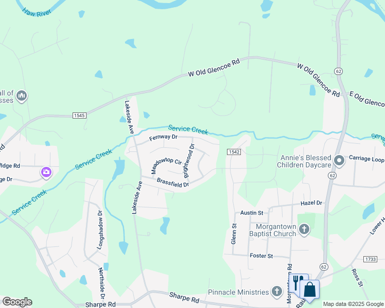 map of restaurants, bars, coffee shops, grocery stores, and more near 1325 Brightwood Drive in Burlington