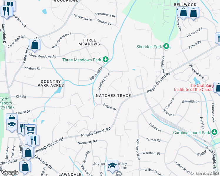 map of restaurants, bars, coffee shops, grocery stores, and more near 1801 Dunleith Way in Greensboro