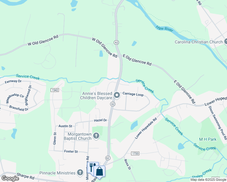 map of restaurants, bars, coffee shops, grocery stores, and more near 1904 North Carolina 62 in Burlington