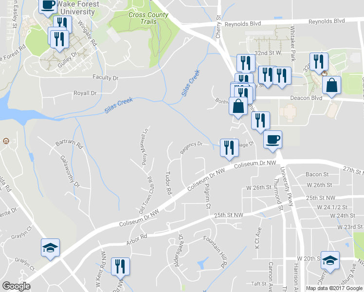 map of restaurants, bars, coffee shops, grocery stores, and more near 2812 Regency Drive in Winston-Salem