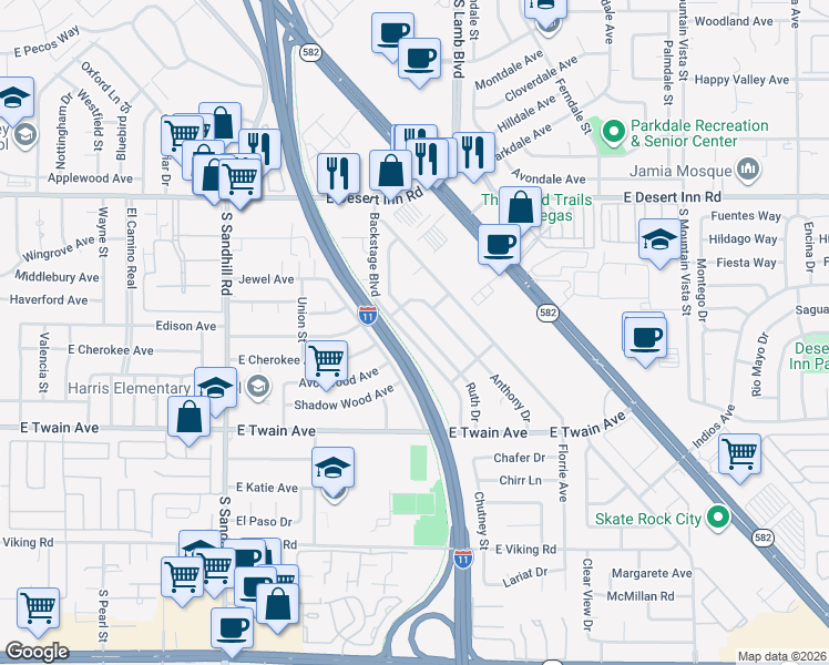 map of restaurants, bars, coffee shops, grocery stores, and more near 3527 Ruth Drive in Las Vegas