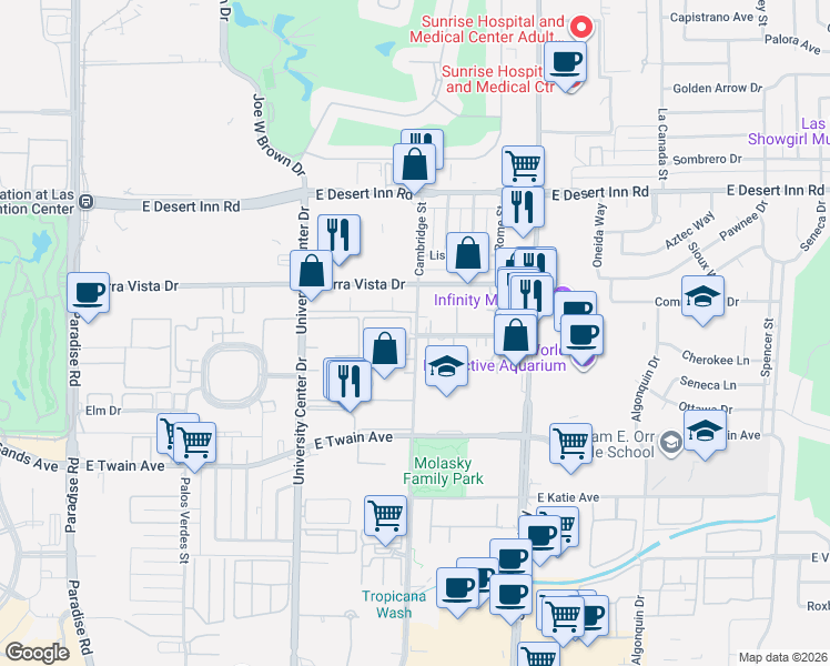 map of restaurants, bars, coffee shops, grocery stores, and more near 1025 Sierra Vista Drive in Las Vegas