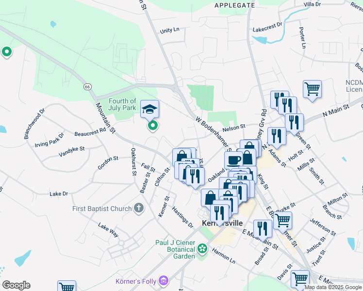map of restaurants, bars, coffee shops, grocery stores, and more near 120 Nelson Street in Kernersville