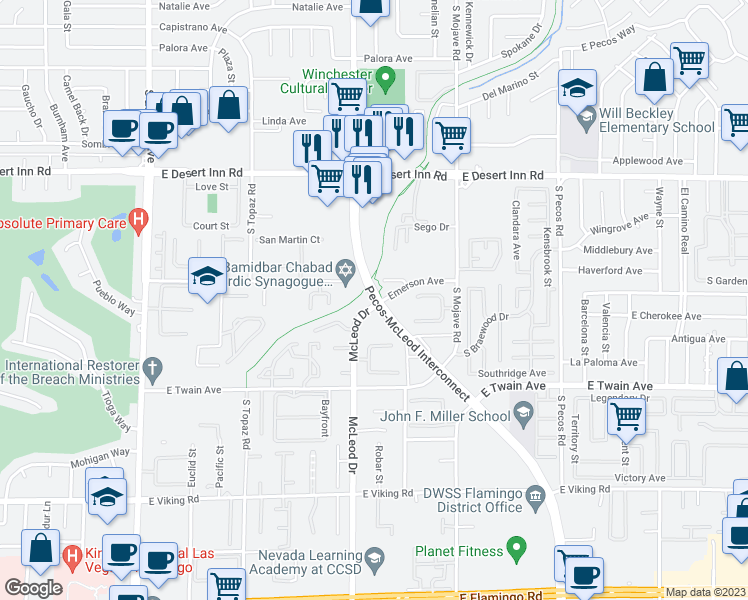 map of restaurants, bars, coffee shops, grocery stores, and more near 3455 Pecos-McLeod Interconnect in Las Vegas