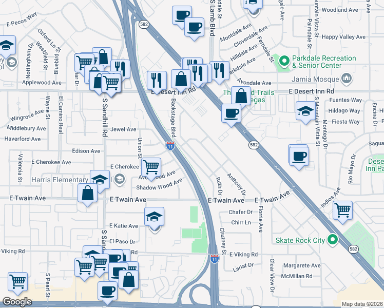 map of restaurants, bars, coffee shops, grocery stores, and more near 3508 Ruth Drive in Las Vegas