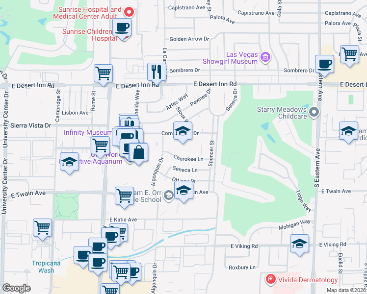 map of restaurants, bars, coffee shops, grocery stores, and more near 1585 Commanche Drive in Las Vegas