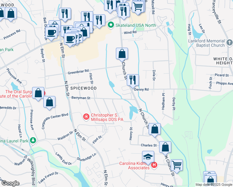 map of restaurants, bars, coffee shops, grocery stores, and more near 3505 North Church Street in Greensboro