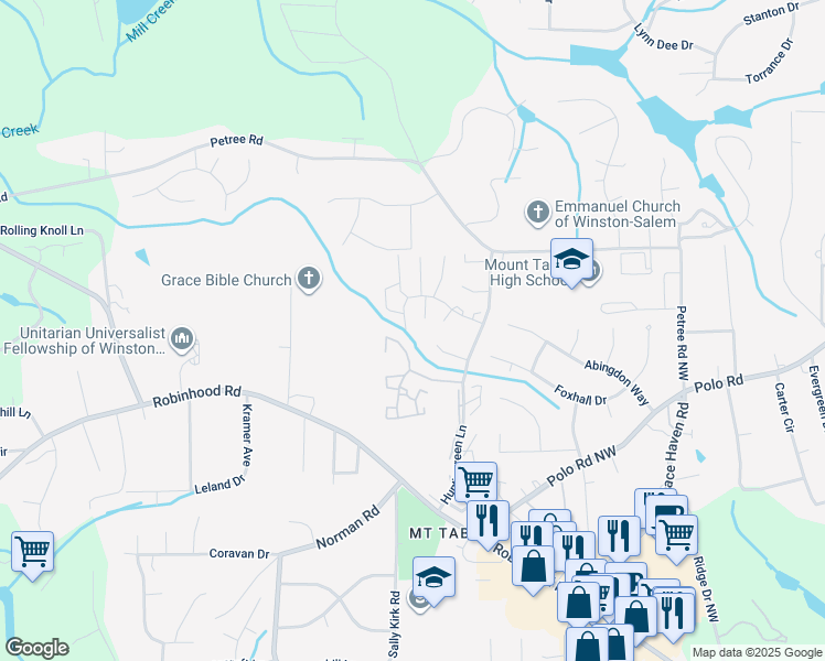 map of restaurants, bars, coffee shops, grocery stores, and more near 3999 Valley Court in Winston-Salem