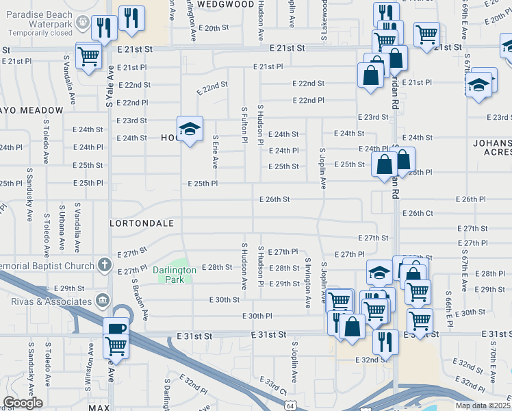 map of restaurants, bars, coffee shops, grocery stores, and more near 5709 East 26th Street in Tulsa