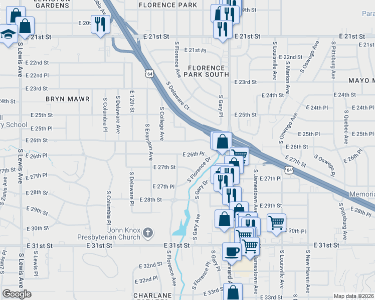 map of restaurants, bars, coffee shops, grocery stores, and more near 3110 East 26th Street in Tulsa
