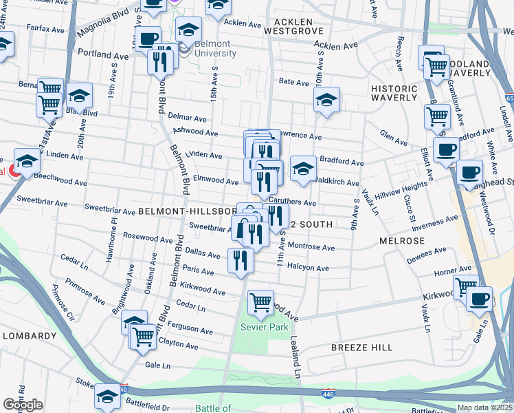 map of restaurants, bars, coffee shops, grocery stores, and more near 12th Avenue South in Nashville