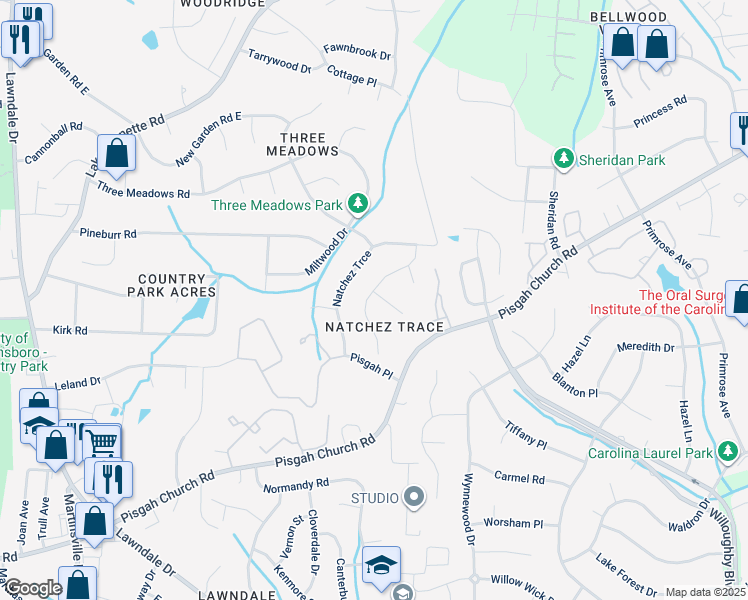 map of restaurants, bars, coffee shops, grocery stores, and more near 1801 Dunleith Way in Greensboro