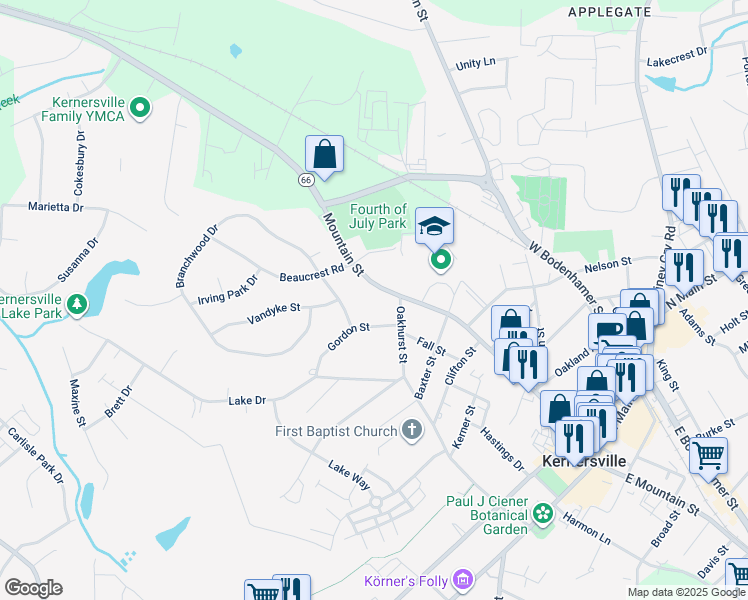 map of restaurants, bars, coffee shops, grocery stores, and more near 605 West Mountain Street in Kernersville