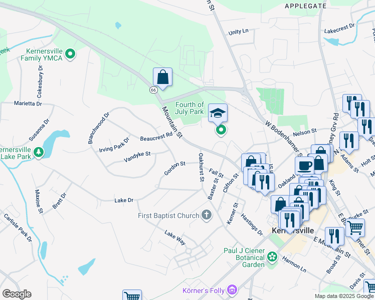 map of restaurants, bars, coffee shops, grocery stores, and more near 605 West Mountain Street in Kernersville