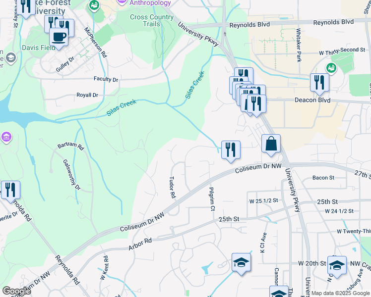 map of restaurants, bars, coffee shops, grocery stores, and more near 2812 Regency Drive in Winston-Salem