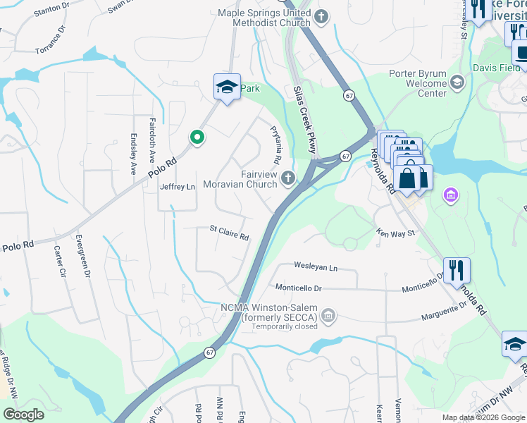 map of restaurants, bars, coffee shops, grocery stores, and more near 2915 Camp Circle in Winston-Salem