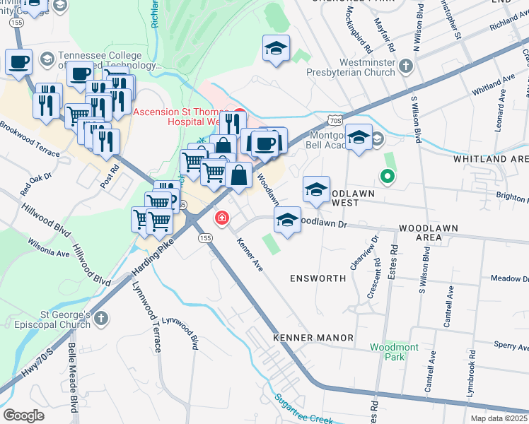 map of restaurants, bars, coffee shops, grocery stores, and more near 4141 Woodlawn Drive in Nashville