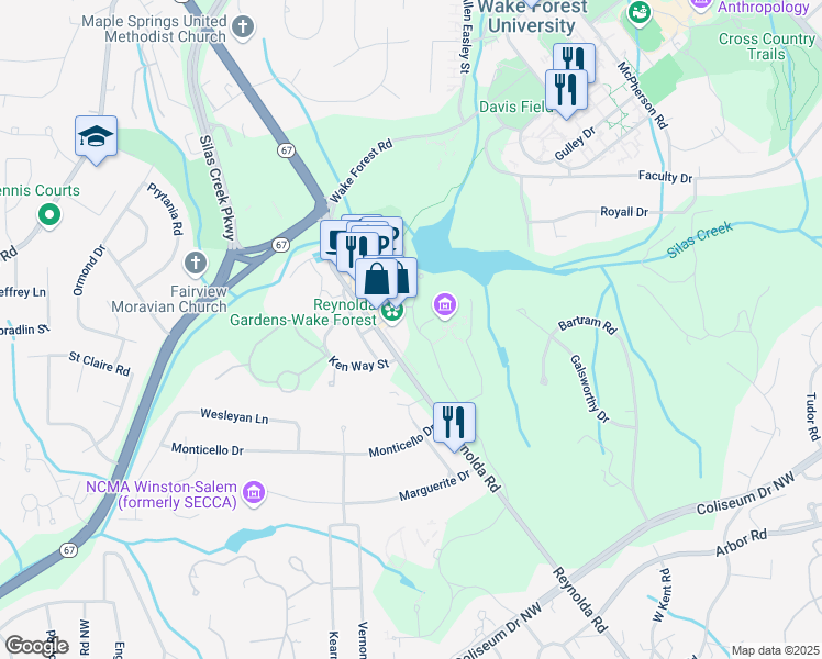 map of restaurants, bars, coffee shops, grocery stores, and more near 713 North Avalon Road in Winston-Salem