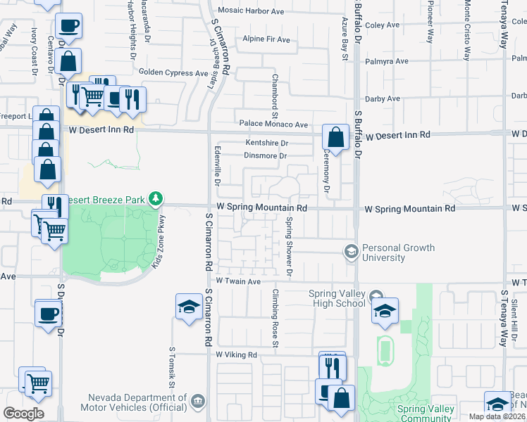 map of restaurants, bars, coffee shops, grocery stores, and more near Arcadian Lane in Spring Valley