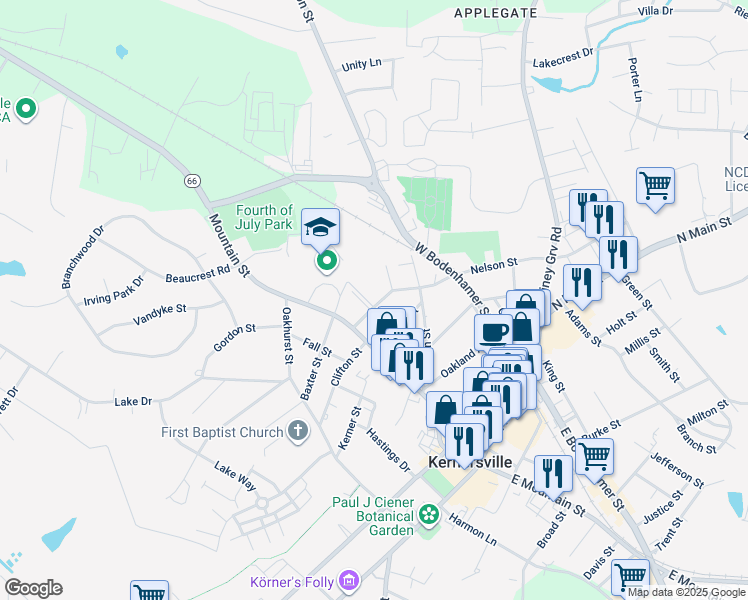 map of restaurants, bars, coffee shops, grocery stores, and more near 115 Nelson Street in Kernersville