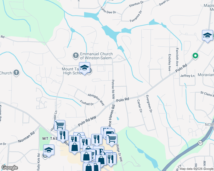 map of restaurants, bars, coffee shops, grocery stores, and more near 1271 Foxhall Drive in Winston-Salem