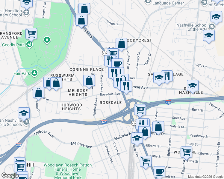 map of restaurants, bars, coffee shops, grocery stores, and more near 2197 U.S. 31 Alternate in Nashville