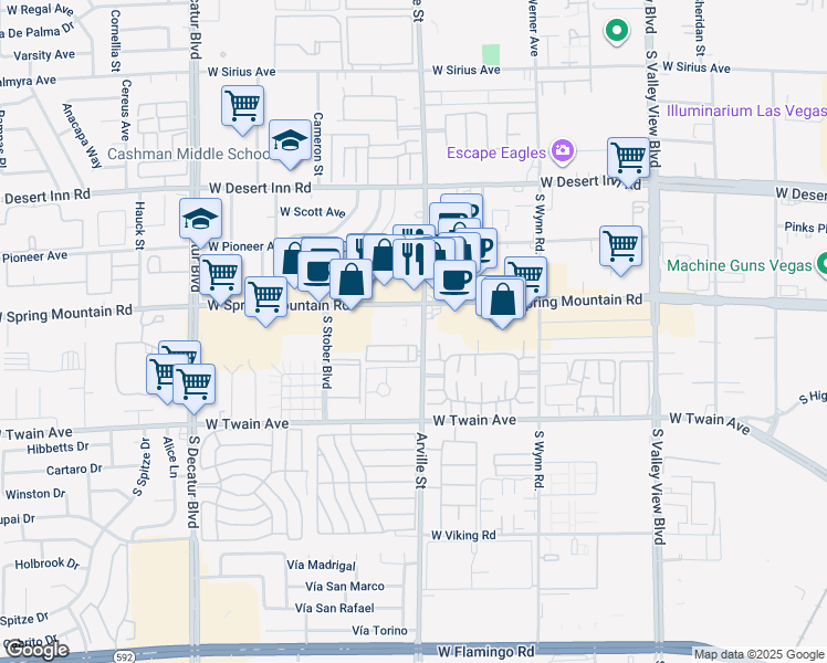 map of restaurants, bars, coffee shops, grocery stores, and more near 4425 West Spring Mountain Road in Las Vegas