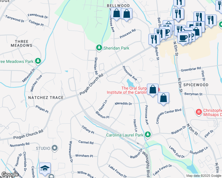 map of restaurants, bars, coffee shops, grocery stores, and more near Torrington Way in Greensboro