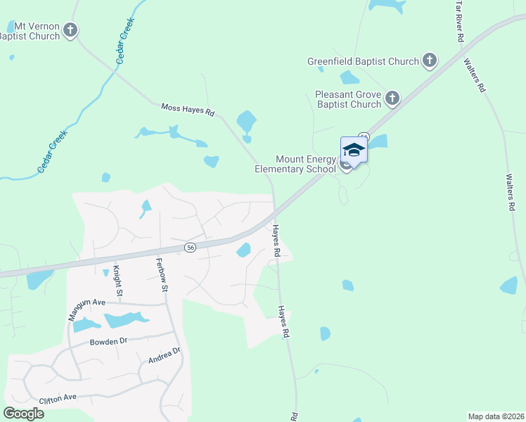 map of restaurants, bars, coffee shops, grocery stores, and more near 2231 Bayswater Drive in Creedmoor