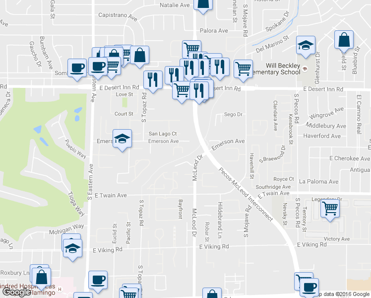 map of restaurants, bars, coffee shops, grocery stores, and more near 2991 Emerson Avenue in Las Vegas