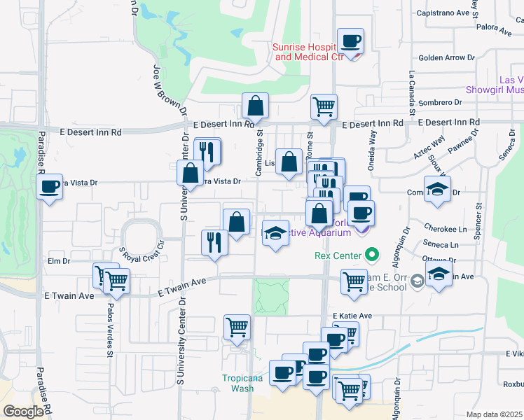 map of restaurants, bars, coffee shops, grocery stores, and more near 1025 Sierra Vista Drive in Las Vegas