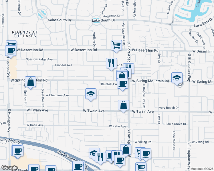 map of restaurants, bars, coffee shops, grocery stores, and more near 9534 Rainfall Avenue in Las Vegas
