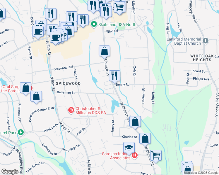 map of restaurants, bars, coffee shops, grocery stores, and more near in Greensboro