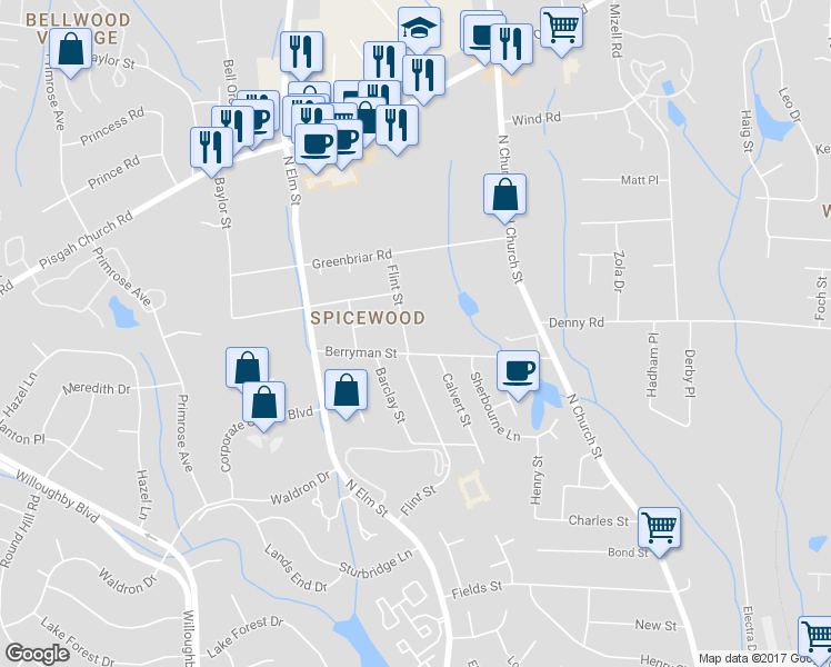 map of restaurants, bars, coffee shops, grocery stores, and more near 3706 Flint Street in Greensboro