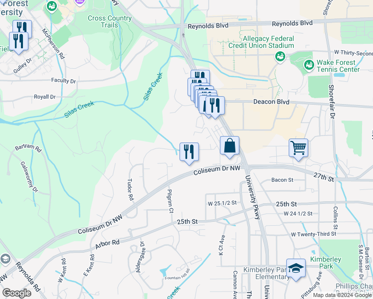 map of restaurants, bars, coffee shops, grocery stores, and more near 2800 Carriage Drive in Winston-Salem
