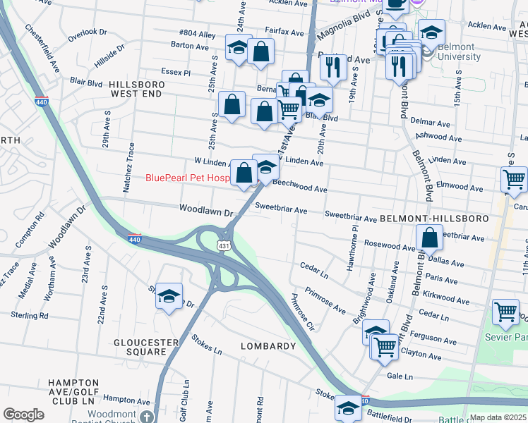 map of restaurants, bars, coffee shops, grocery stores, and more near 2012 Sweetbriar Avenue in Nashville