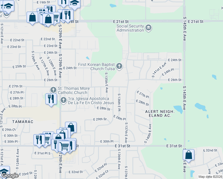 map of restaurants, bars, coffee shops, grocery stores, and more near 13515 East 27th Street in Tulsa
