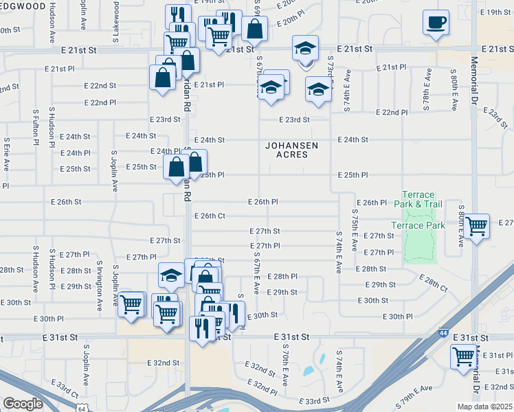 map of restaurants, bars, coffee shops, grocery stores, and more near 6709 East 26th Place in Tulsa