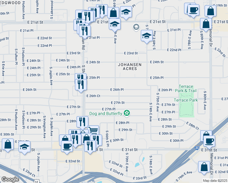map of restaurants, bars, coffee shops, grocery stores, and more near 6709 East 26th Place in Tulsa