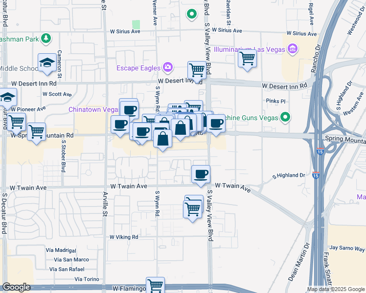 map of restaurants, bars, coffee shops, grocery stores, and more near 3959 Spring Mountain Road in Las Vegas